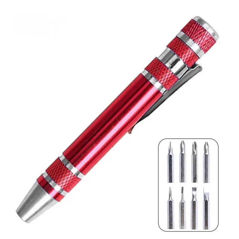 Aluminium alloy pen-type 8-in-1 screwdriver set in assorted colours with chrome vanadium steel shaft.