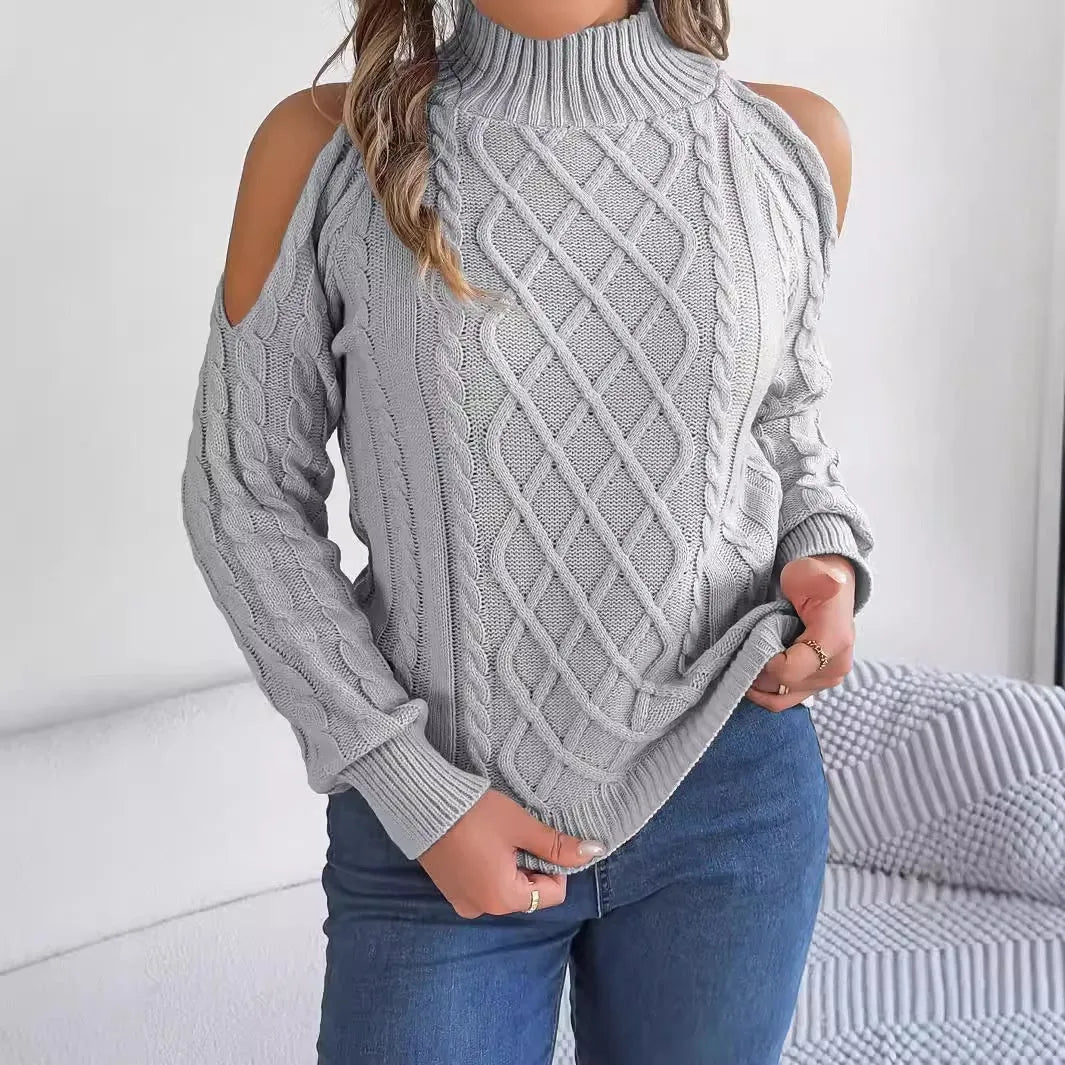 Women's casual twisted strapless half-high collar acrylic sweater with lantern sleeves