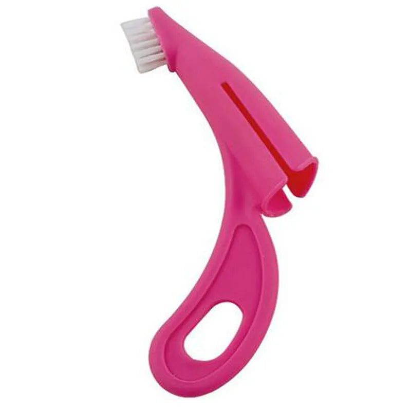 Red and white pet finger toothbrushes with silicone bristles for cleaning dog and cat teeth.