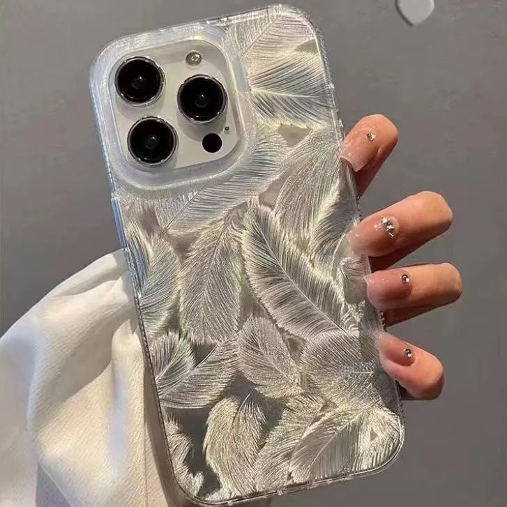 Silver grey feather pattern gradient phone case with three-dimensional relief for iPhone models