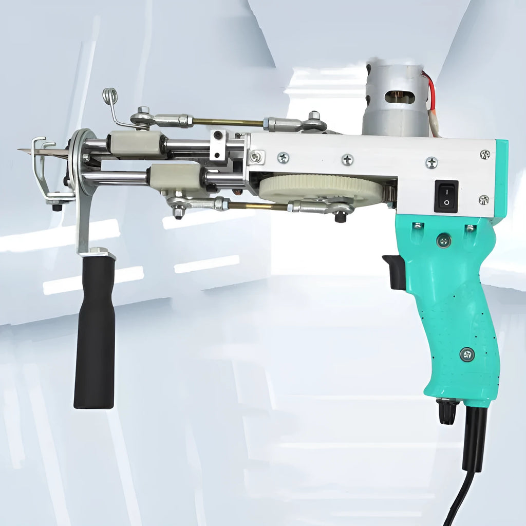 Electric needle carpet tufting loom 120W cut pile gun in green silver finish on workbench