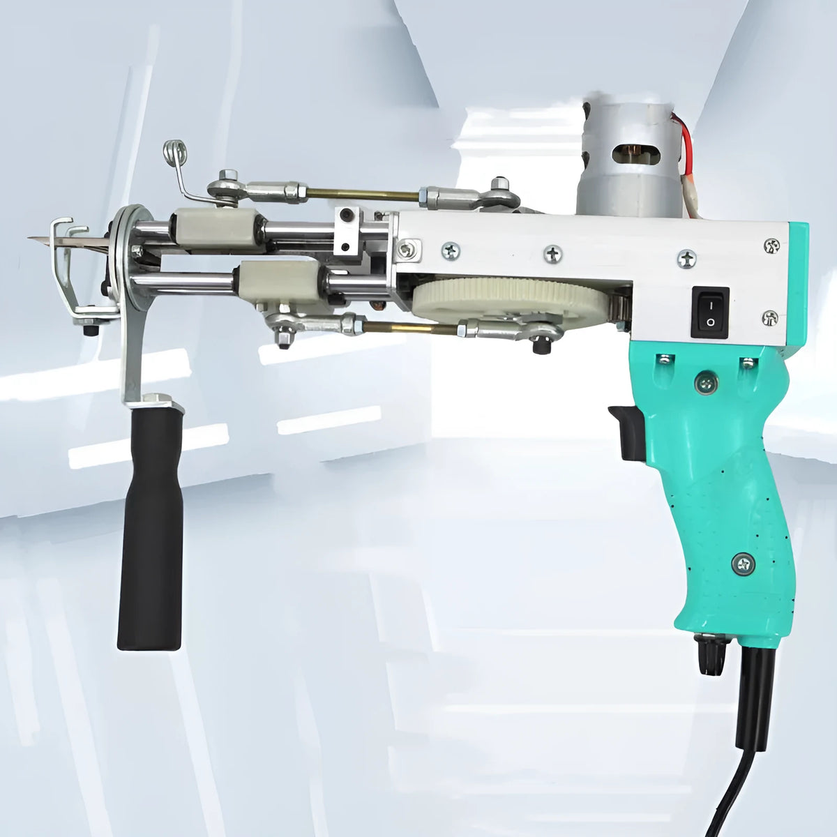 Electric needle carpet tufting loom 120W cut pile gun in green silver finish on workbench