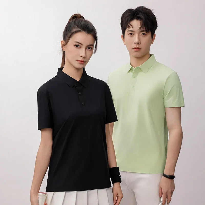 Men's loose fit short sleeve polo shirt in sky blue, shown on a model for summer sport.