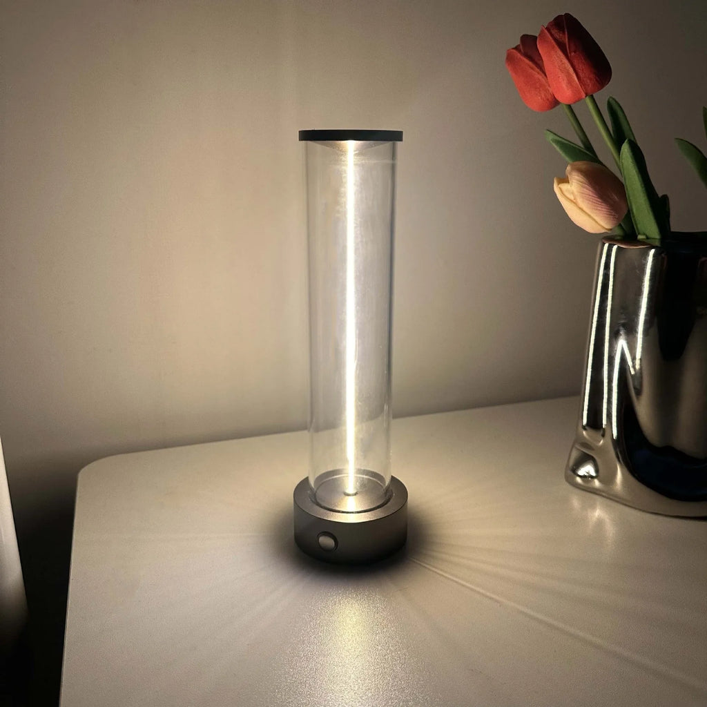 Modern linear glass USB LED night light strip with magnetic adhesive base.