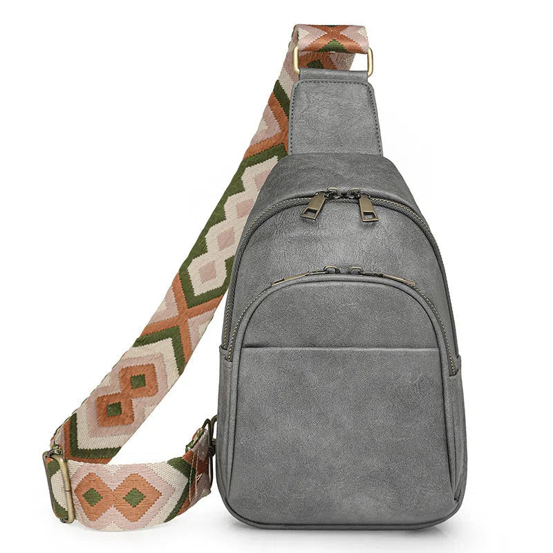 Women's vintage crossbody bag in tan PU with patchwork design and phone pocket
