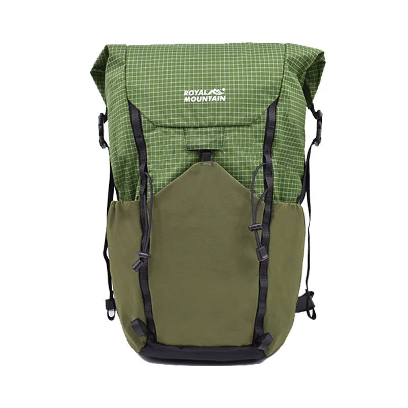 Outdoor 25L foldable backpack in green with curved edge design and reflective strip on front