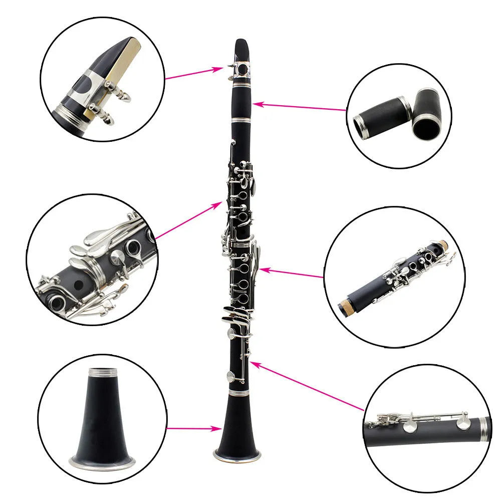 Black bakelite beginner clarinet with silver keys and a carry bag