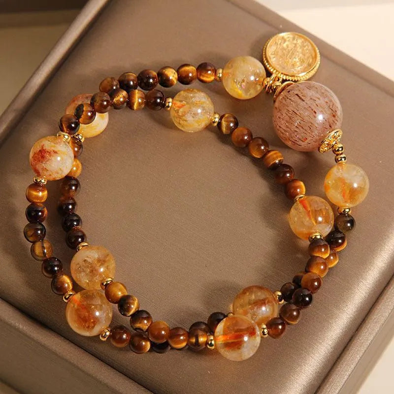 Natural citrine tiger-eye bracelet double circle yellow tower crystal inlaid women's accessory