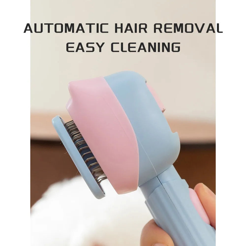 Blue double-sided pet grooming brush showing deshedding rake and dematting comb on a white background.