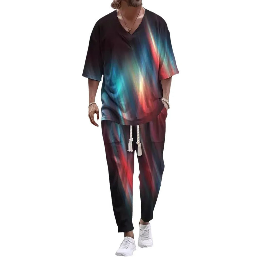 V-neck cropped sleeve trousers suit set in thin polyester fabric, shown in colour G98P018.