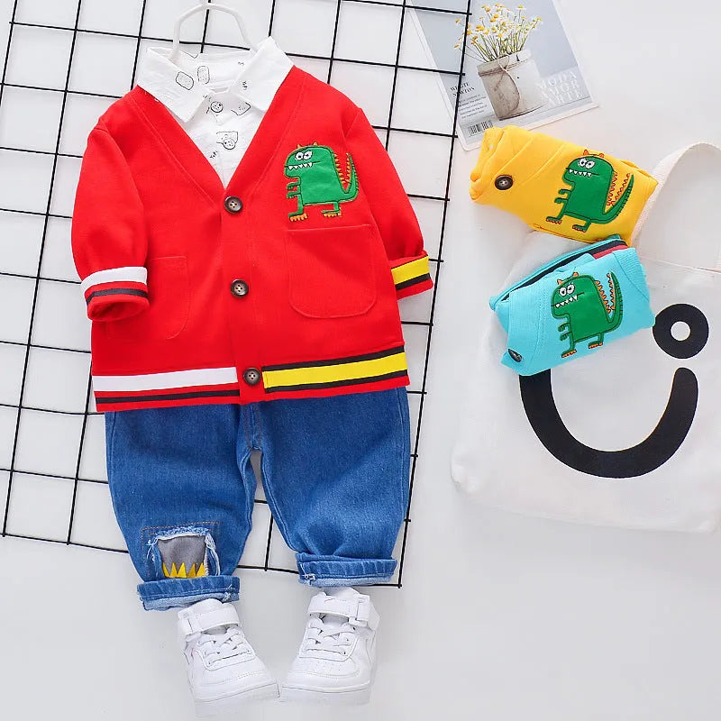 Children's three-piece dinosaur animal set hole outfit in yellow, long sleeve top and trousers, cotton fabric