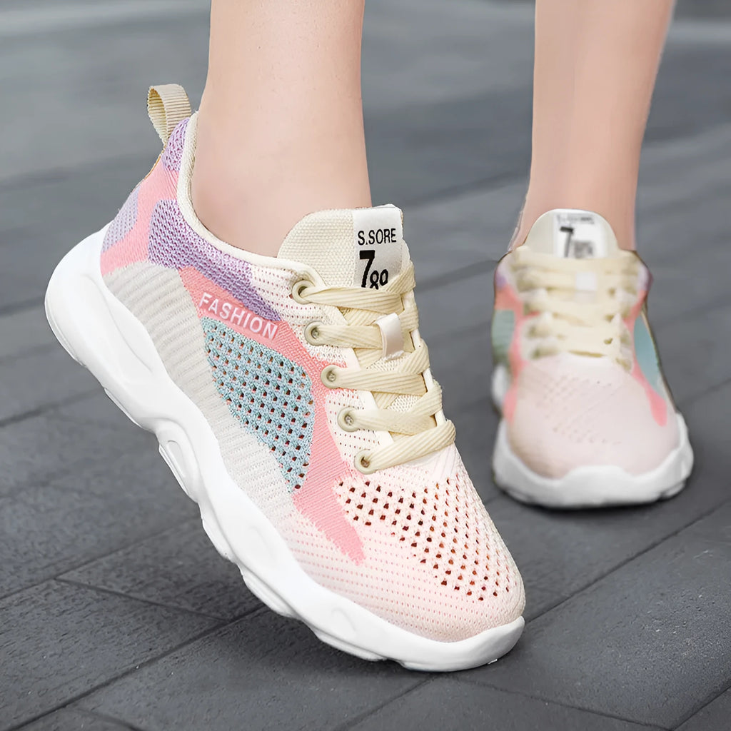 Women's blue and pink colourblock lace-up sneakers with mesh uppers