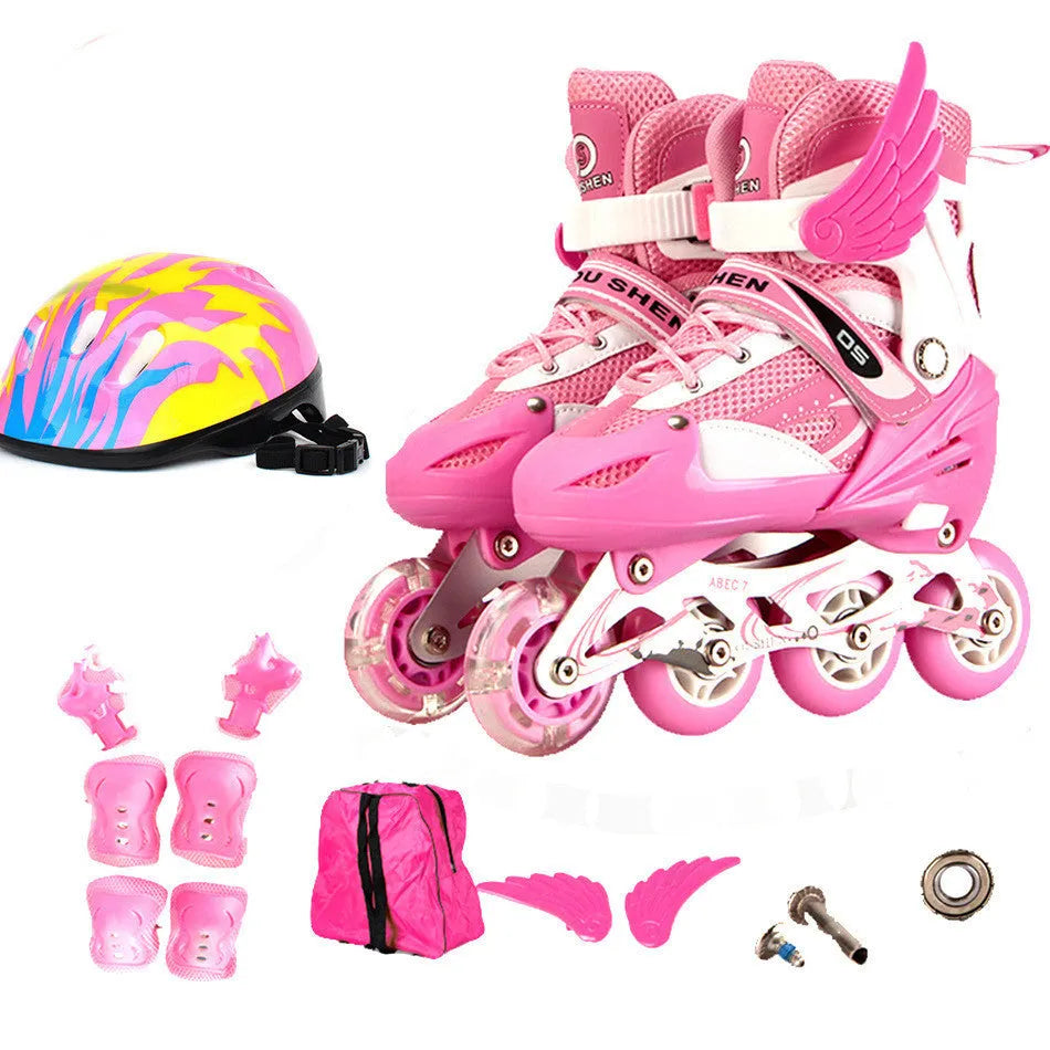 Children's adjustable roller skates in multiple colours with helmet and protective gear set.