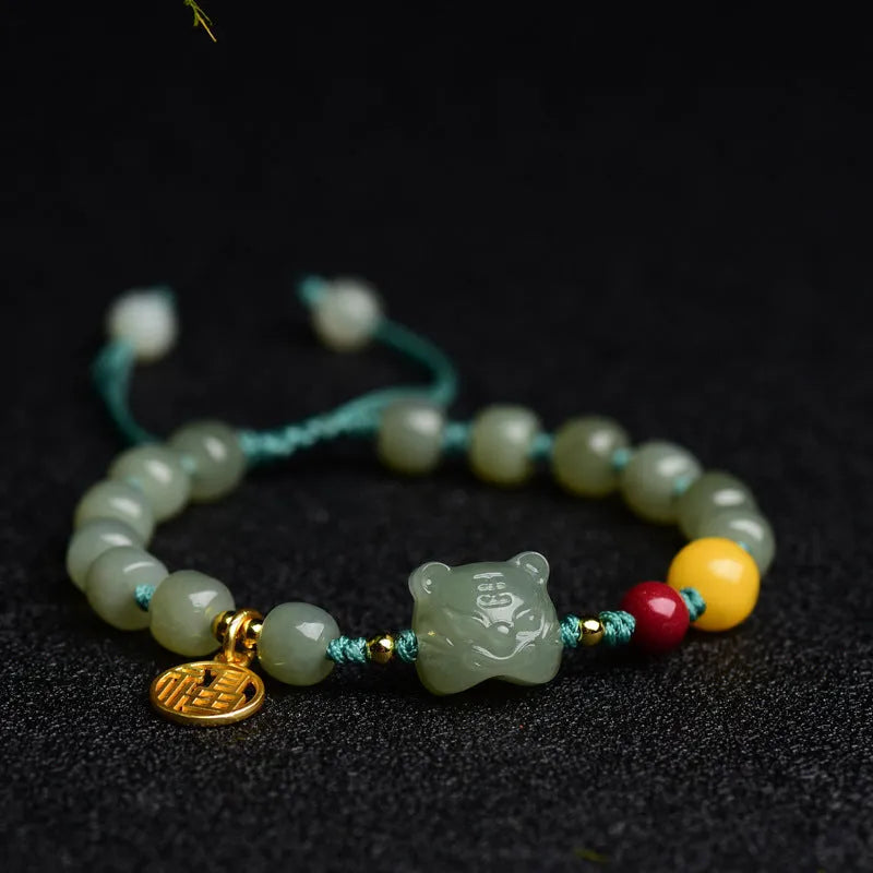 Natural Hetian jade bracelet with cinnabar and beeswax beads, animal zodiac modelling