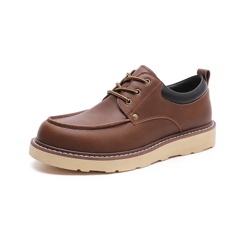 Men's genuine leather low-top Martin boots in Beeswax Brown with round toe and front lace-up closure