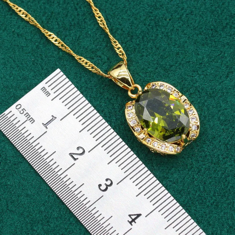 Full rhinestone zircon women's jewellery set with electroplated copper in olive green or red colours