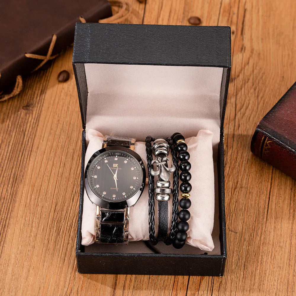 Men's black quartz watch with steel band, pointer display, and chronograph detail
