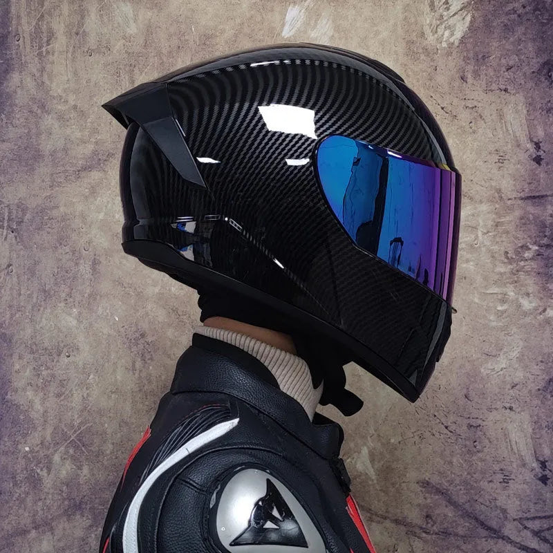 Full face ABS motorcycle helmet in imitation carbon fibre aurora blue with multicolour lens for electric scooter riding