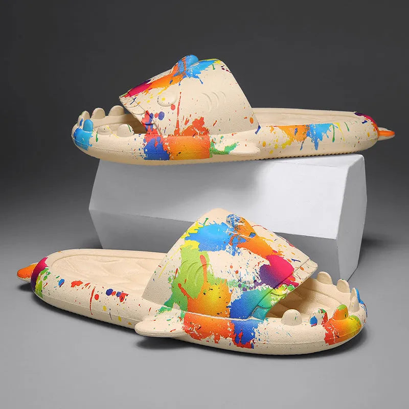 Casual open-toe EVA home slippers with a cute shark design on the upper.