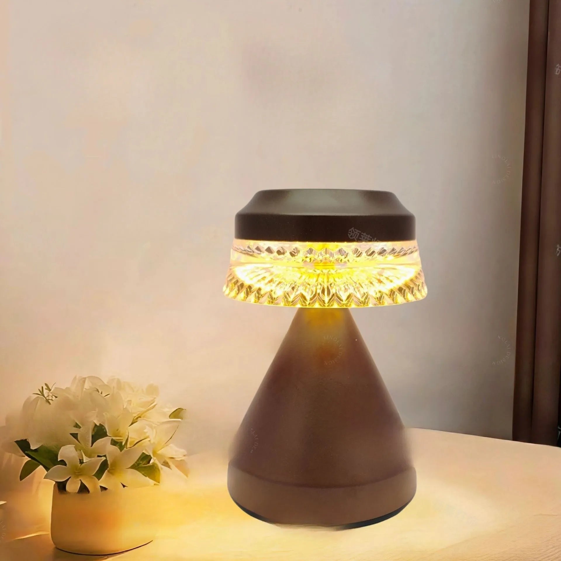 Black, brown, and orange USB-powered LED night lamp with electrodeless dimming on a surface.