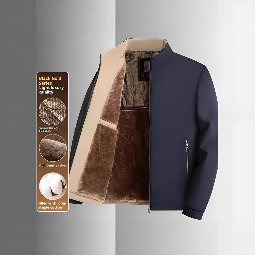 Men's black graphene fleece-lined jacket with stand collar and zippered welt pockets, loose fit.