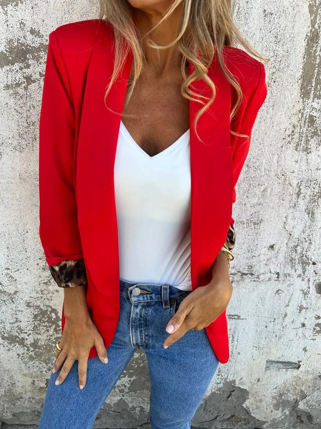 Women's black and red cheetah print slim fit blazer jacket with animal pattern design