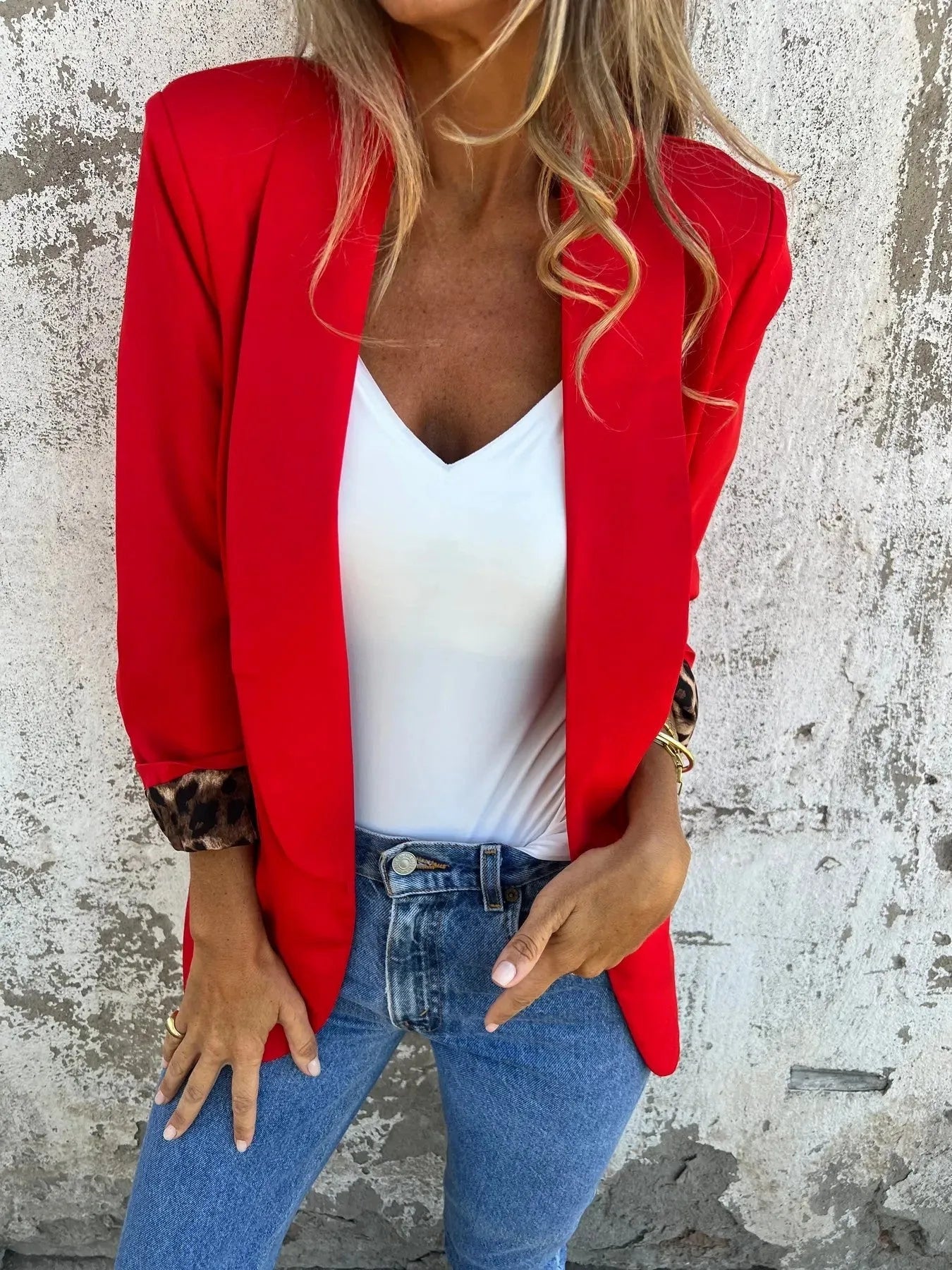 Women's black and red cheetah print slim fit blazer jacket with animal pattern design
