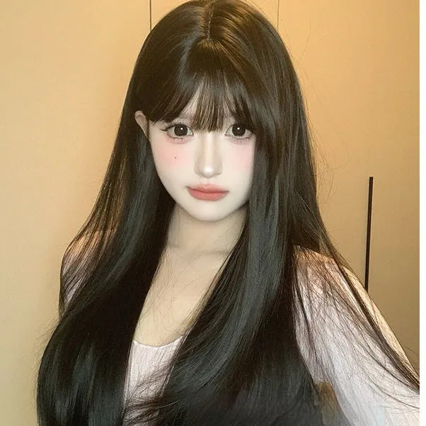 Dark brown long straight wig with full bangs for women with round face shapes