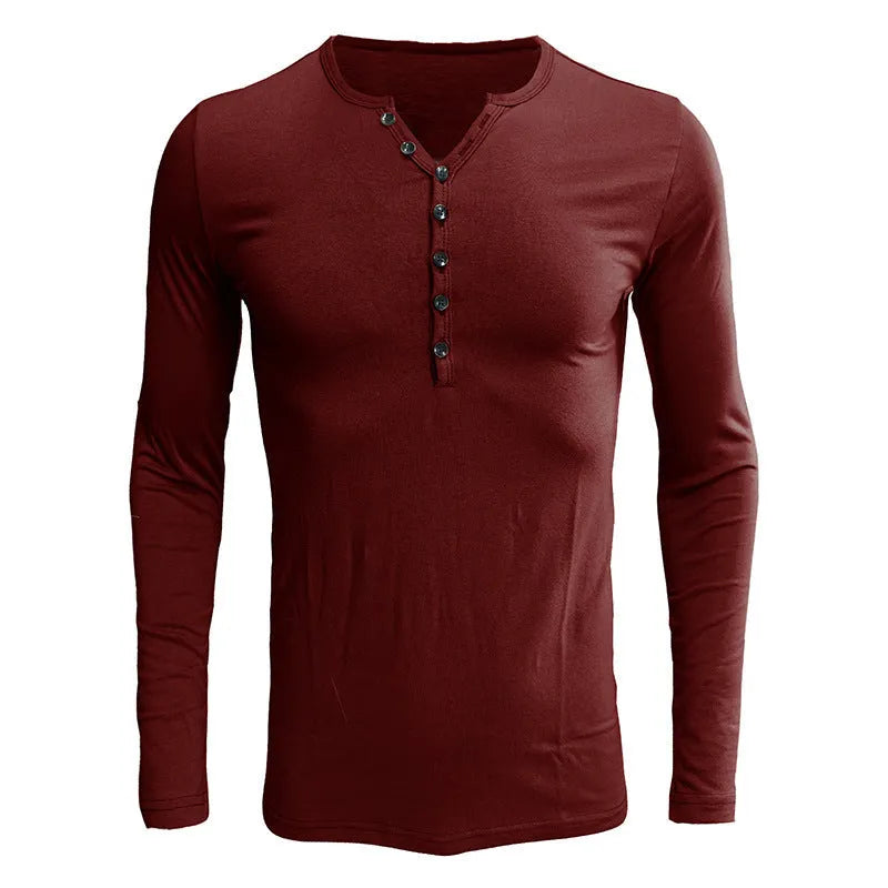 Men's solid colour long-sleeved henley neck t-shirt in cotton-blend fabric