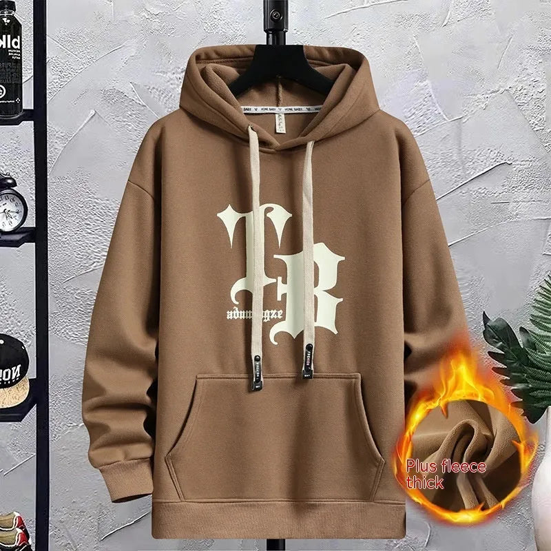 Fleece-lined hooded sweater jacket with letter pattern, cotton pullover in beige, black, green, and wine red, sizes M to 3XL