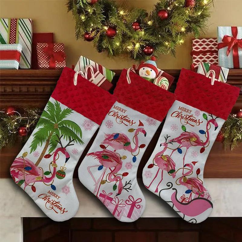 Flamingo cloth Christmas stocking pendant, 46 by 28 cm, in American holiday style.