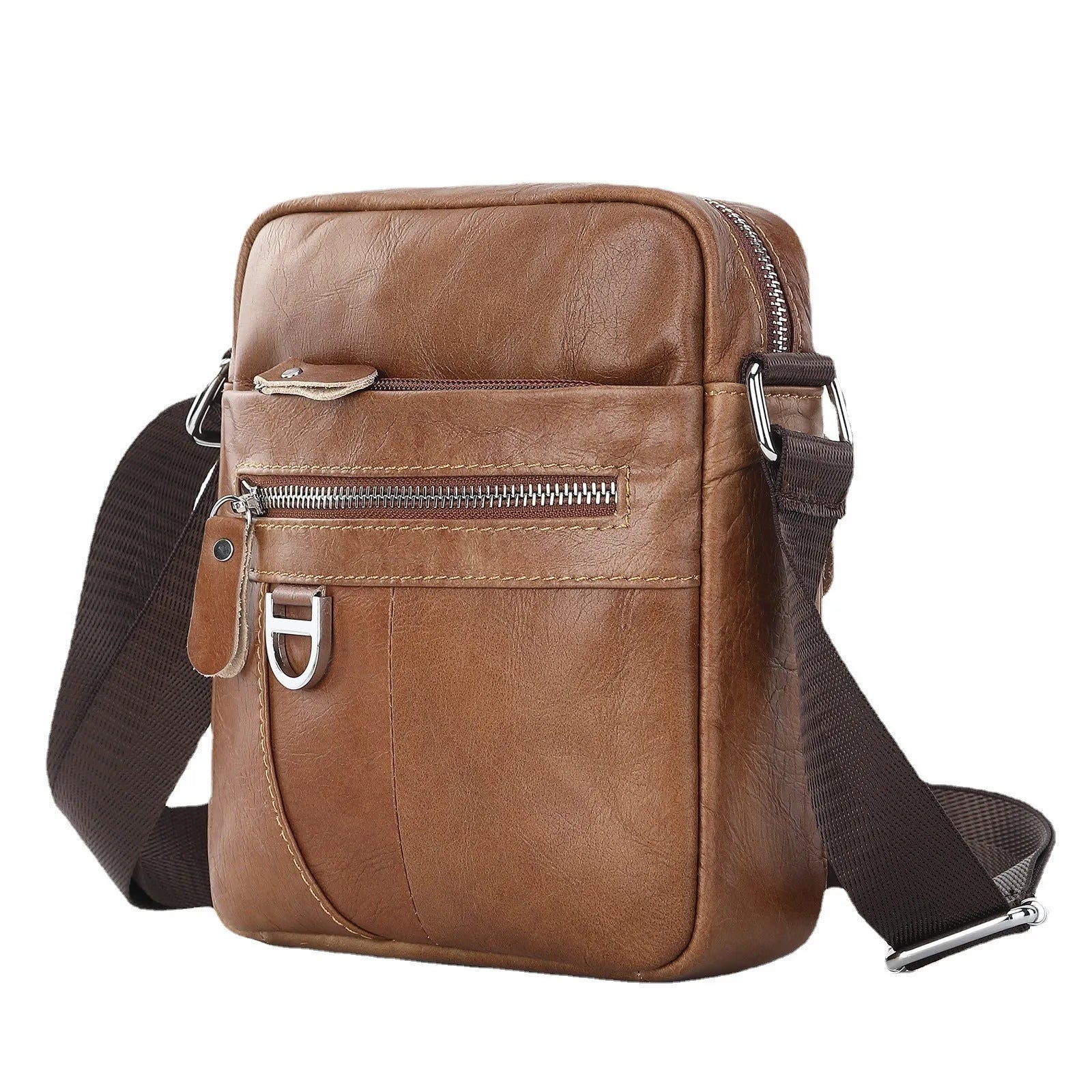 Brown genuine leather messenger bag with crossbody strap showing sewing-line detailing