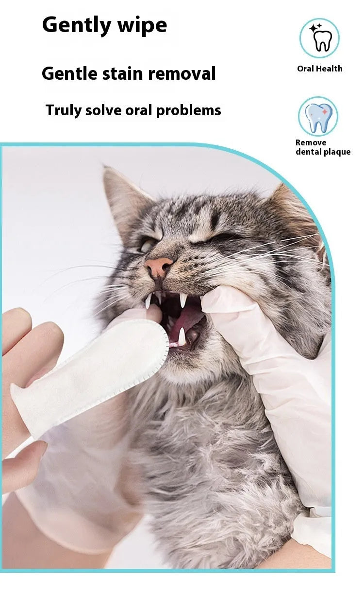 Open pack of 50 soft, white, non-woven fabric finger cots for cleaning pet teeth and applying toothpaste.