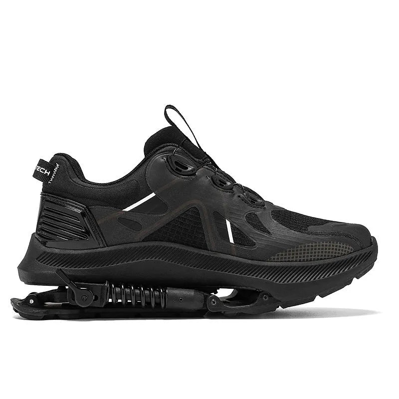 Black unisex running shoes with mesh upper, rubber EVA sole, and lace buckle closure.