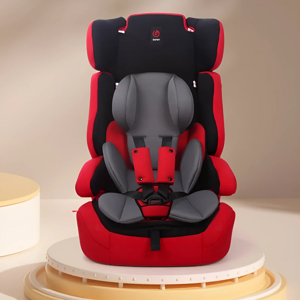 Children's safety seat cushion with waist support and head protection pad in knitted fabric and sponge, shown in assorted colours.