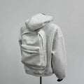 Light gray men's hooded coat with a layered back schoolbag design.