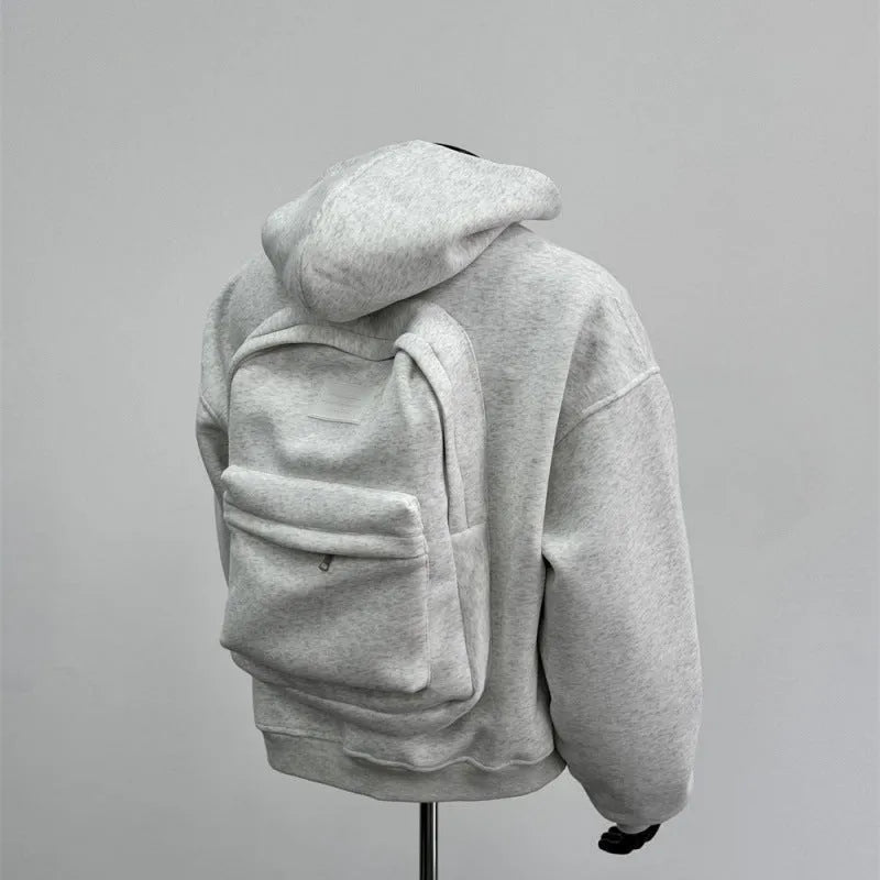 Light gray men's hooded coat with a layered back schoolbag design.