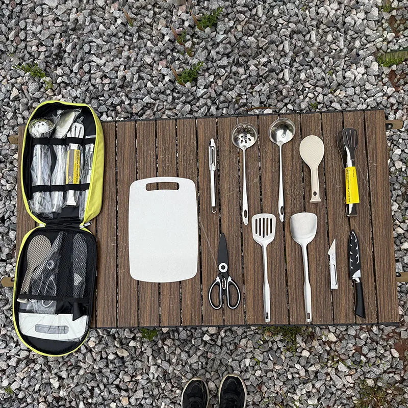 12-piece stainless steel picnic kitchenware set in a portable khaki storage bag
