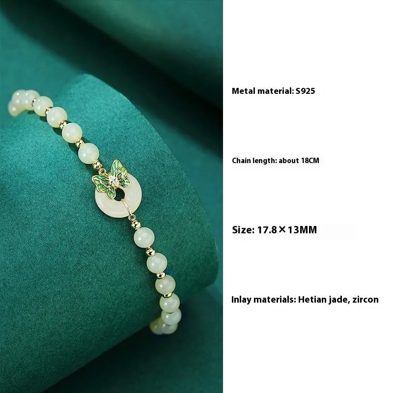 Cyan Hetian jade bracelet with sterling silver butterfly inlay, 6mm diameter