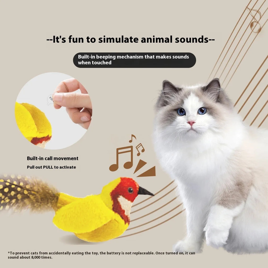 Bird simulation cat plush toy in four colour variations: colourful bird, sparrow, blue kingfisher, yellow bird