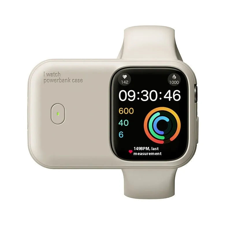 Apple Watch portable charging case with silicone sleeve, shown alongside compatible watch.