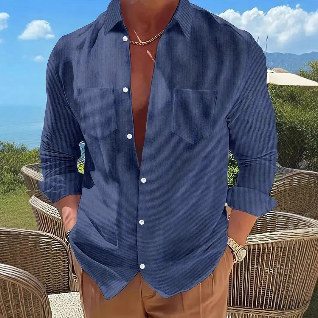 Vertical striped long sleeve corduroy shirt in loose cardigan style, available in seven colours and sizes S to 3XL.