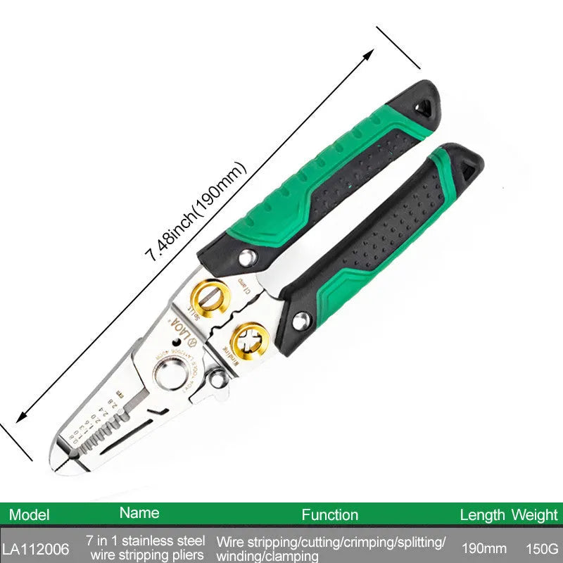Stainless steel multifunctional wire stripper with seven stripping ports and a two-colour ABS handle.