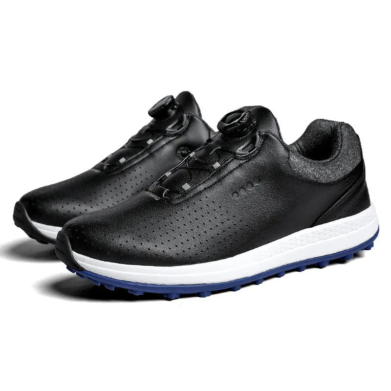 Men's white low-top golf shoes with breathable mesh upper and anti-slip sole on golf course