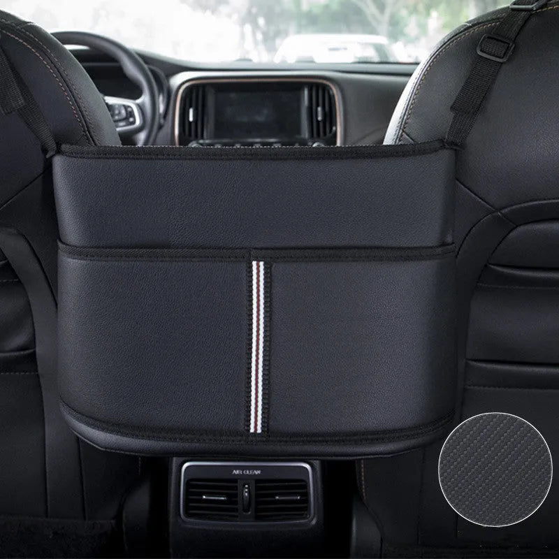 Black leather car seat storage bag with sports carbon fibre pattern, shown on a car seat.