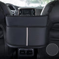 Black leather car seat storage bag with sports carbon fibre pattern, shown on a car seat.