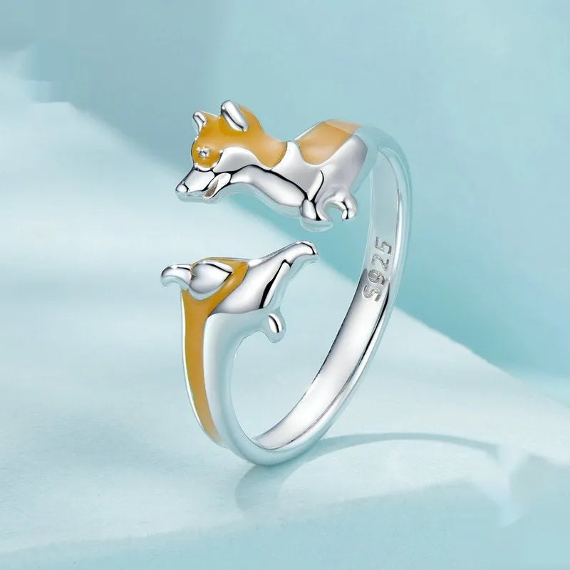 Sterling silver Corgi cartoon ring for women with electroplated finish, colour SCR1014-E