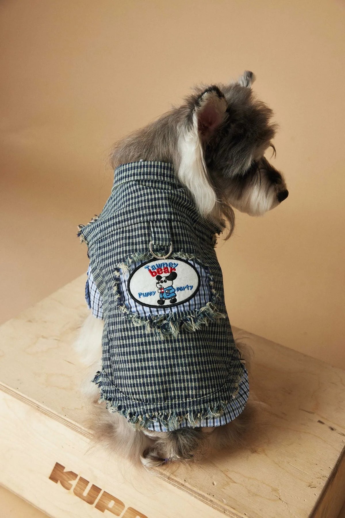 Blue washed old plaid sleeveless denim dog vest in cotton, sizes XS to XXL, spring autumn pet clothing