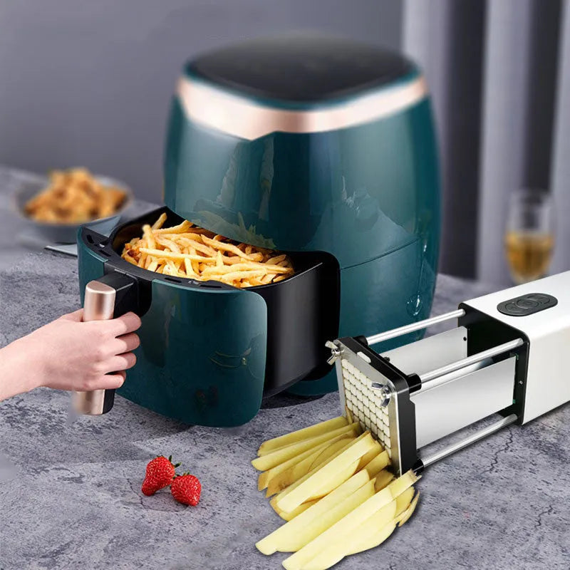 Black electric French fry cutter machine with stainless steel blades on a kitchen counter.