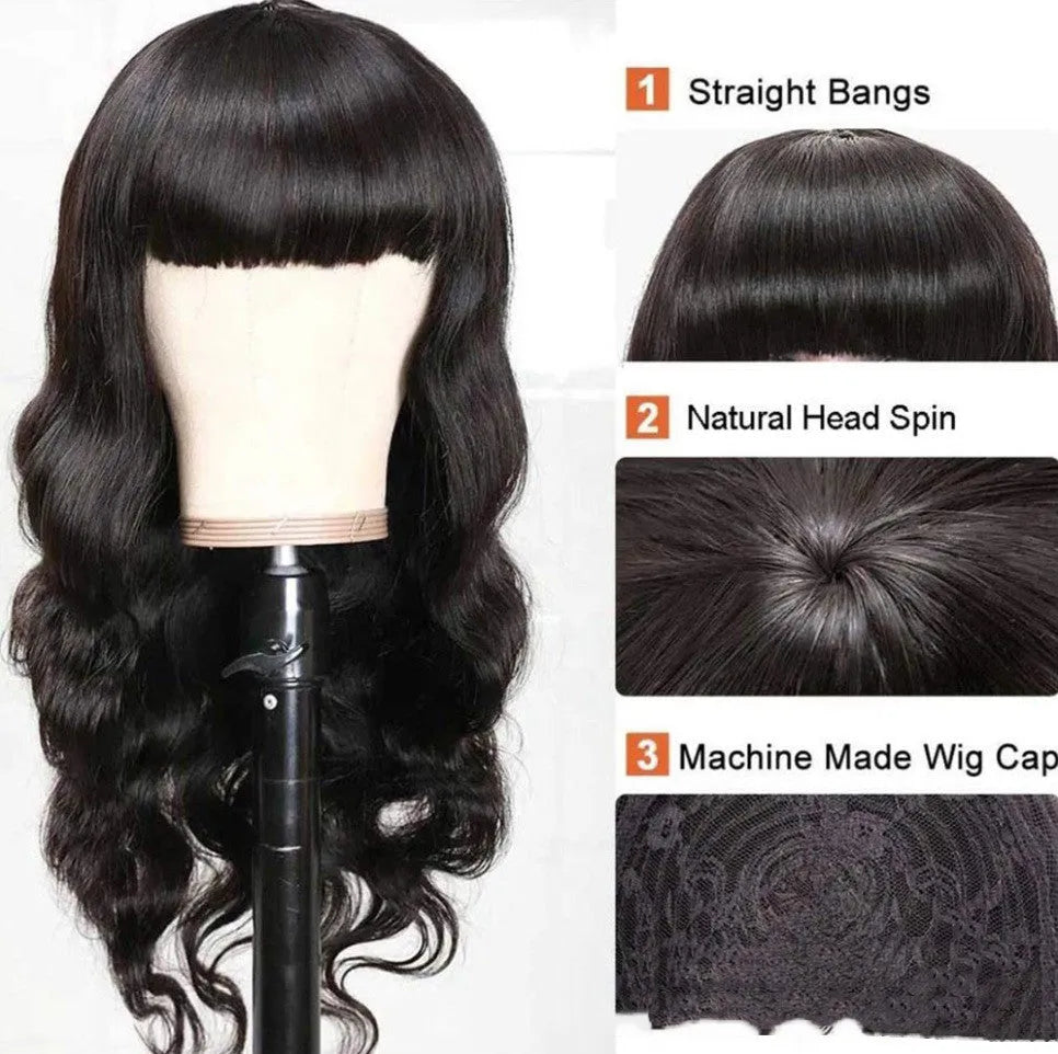 Body wave full machine made non-lace human hair wig for women, available in 12 to 30 inch lengths